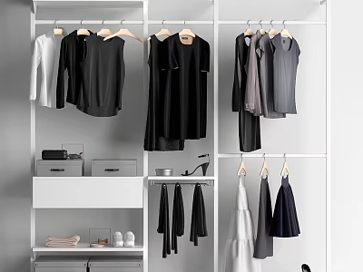 Modern Open Wardrobe Interior Design With Hangers Clothing Storage Drawers And Shoes 3d model