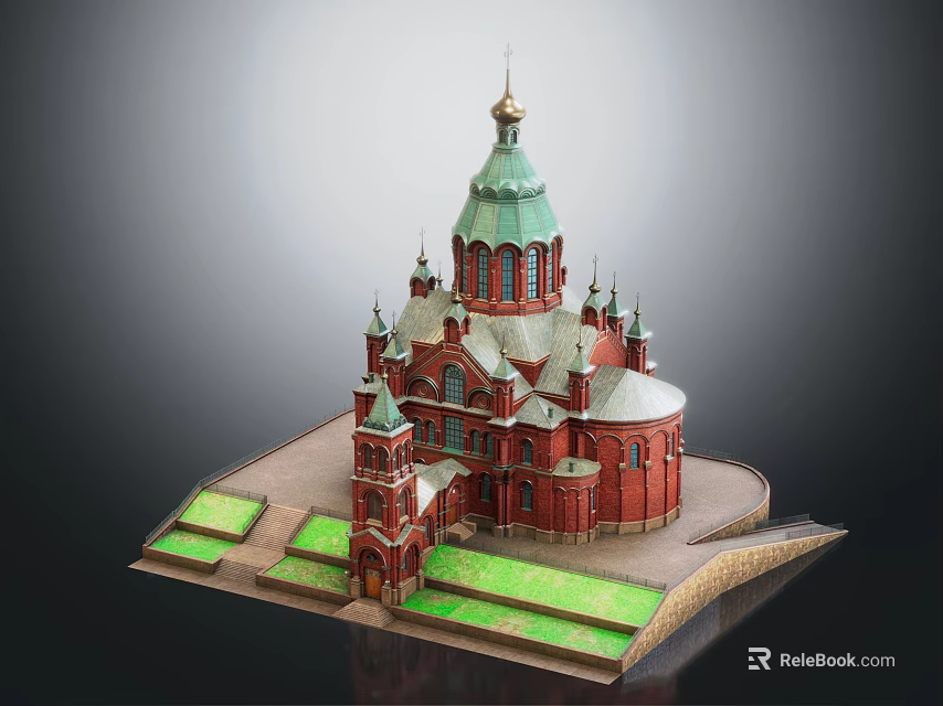 Intricate Religious Church Model With Red Architecture Green Dome Spires Golden Details And Green Lawns 3d model 