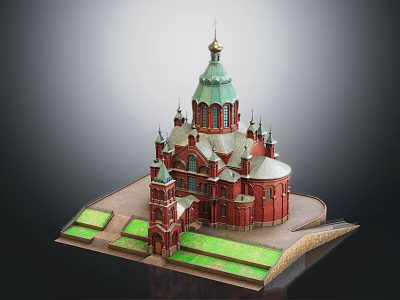 Intricate Religious Church Model With Red Architecture Green Dome Spires Golden Details And Green Lawns 3d model