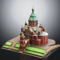 Intricate Religious Church Model With Red Architecture Green Dome Spires Golden Details And Green Lawns