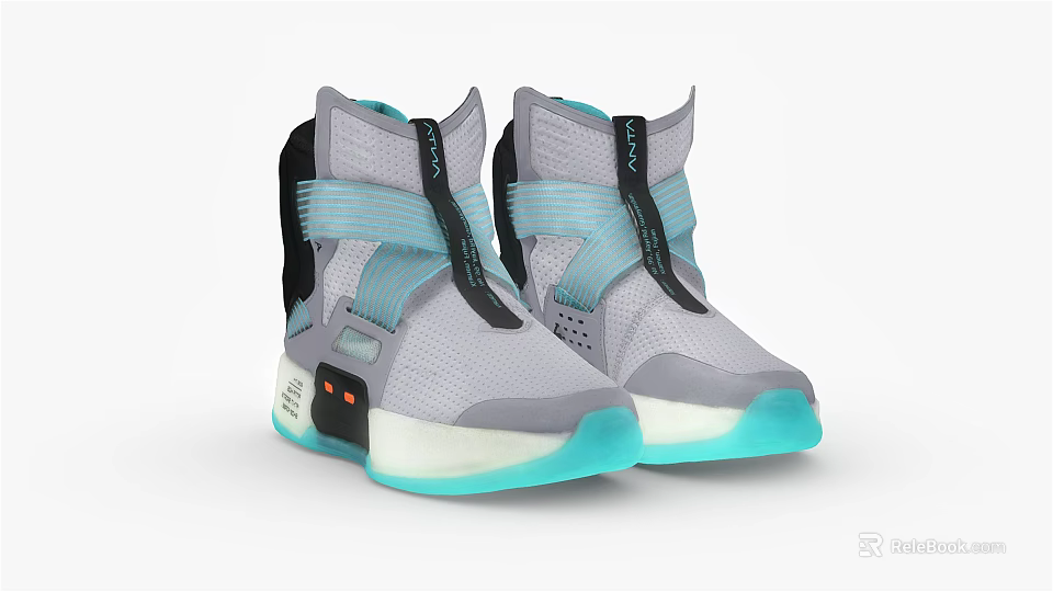 Gray And Light Blue High Top Shoes With Mesh Upper Straps And Light Blue Sole 3d model 