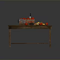Assorted Fresh Fruits In Basket On Wooden Table With Wine Bottle