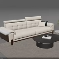 Modern Beige Sofa And Black Coffee Table Set With Striped Rug Potted Plant Side Table