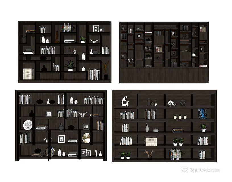Dark Wood Bookshelf Design With Books Decorative Vases And Photo Frames 3d model 