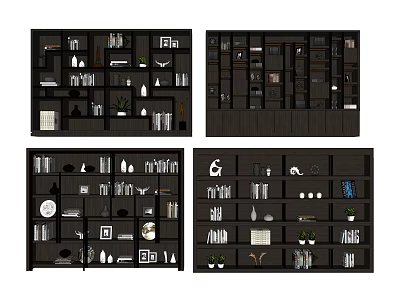 Dark Wood Bookshelf Design With Books Decorative Vases And Photo Frames 3d model