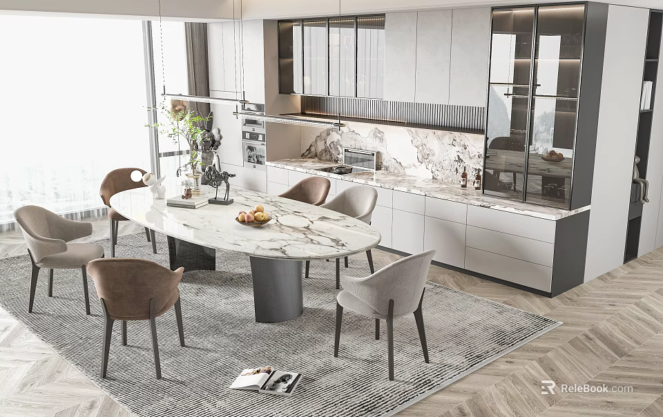 Modern Dining Table Set With Marble Top And Upholstered Chairs In Modern Kitchen 3d model