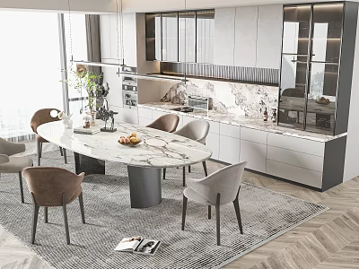 Modern Dining Table Set With Marble Top And Upholstered Chairs In Modern Kitchen 3d model