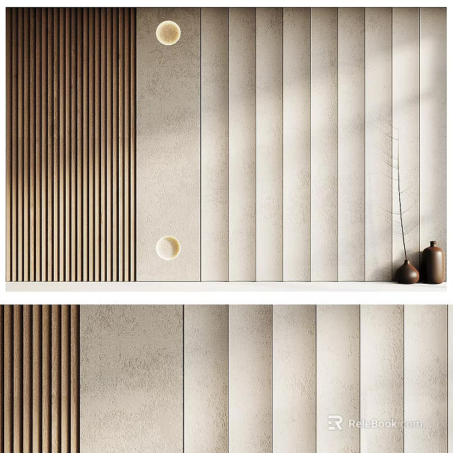 Modern Minimalist Sofa Background Wall Design With Wooden Slats Light Textured Panels And Decorative Vases 3d model 