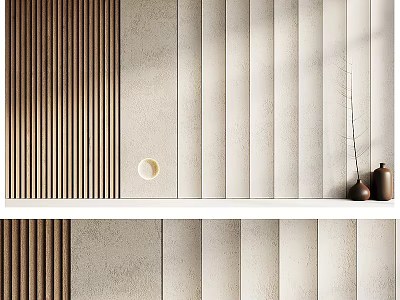 Modern Minimalist Sofa Background Wall Design With Wooden Slats Light Textured Panels And Decorative Vases 3d model