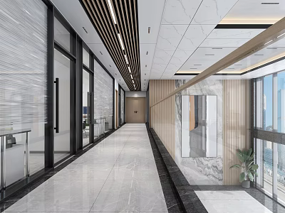 Modern Elevator Corridor Design With Spacious Marble Flooring Glass Doors And Wooden Accents 3d model
