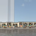 Bustling Modern Commercial Street With Contemporary Architecture Storefronts Pedestrians Lush Greenery And Waterfront Promenade