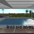 Large Outdoor Swimming Pool With Starting Blocks Spectator Seats And Palm Trees