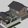 Modern Two Story Detached Villa With Dark Roof Wooden Stone Exterior And Courtyard Greenery