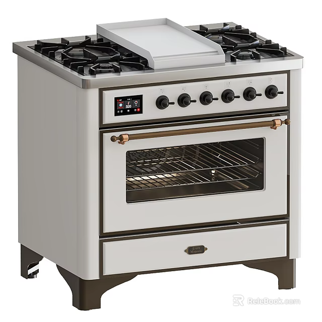 White Gas Range Oven Kitchen Appliance With Brass Handles And Control Knobs 3d model 