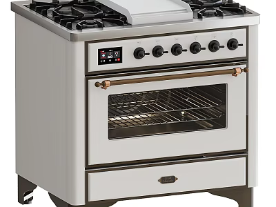 White Gas Range Oven Kitchen Appliance With Brass Handles And Control Knobs 3d model