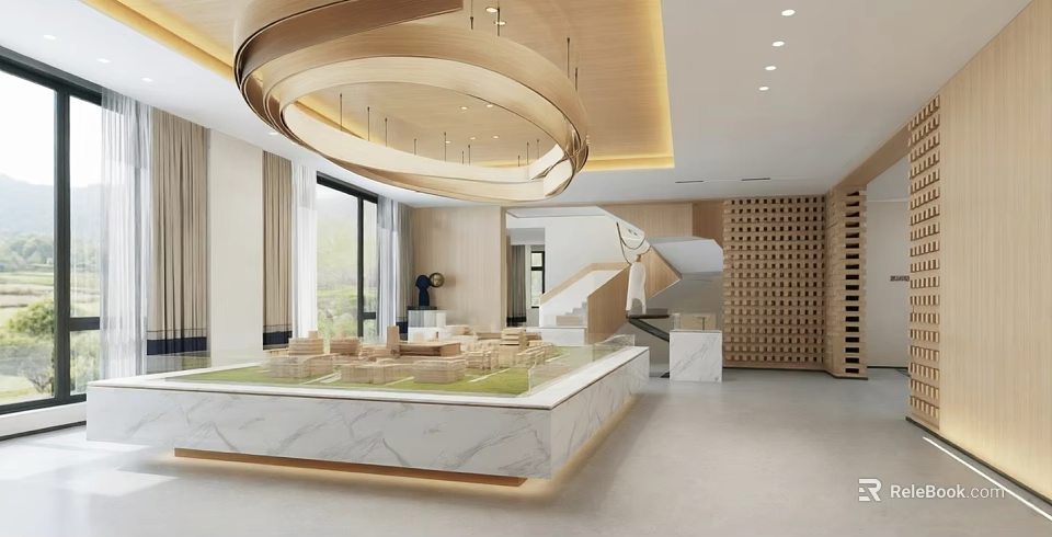 Modern Service Hall Interior With Spacious Layout Large Pendant Light And Model Display Platform 3d model 
