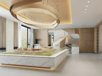 Modern Service Hall Interior With Spacious Layout Large Pendant Light And Model Display Platform 3d model