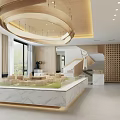 Modern Service Hall Interior With Spacious Layout Large Pendant Light And Model Display Platform
