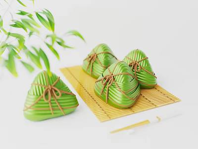 Traditional Green Zongzi Tied with Brown String on Bamboo Mat with Bamboo Leaves and Chopsticks 3d model