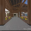 Spacious Agricultural Exhibition Hall Interior With Wooden Structure Display Shelves And Fresh Agricultural Products