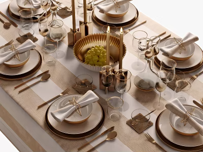 Elegant Dinnerware Set With Plates Bowls Napkins Wine Glasses And Candle Holders On Striped Tablecloth 3d model