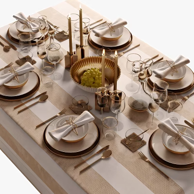 Elegant Dinnerware Set With Plates Bowls Napkins Wine Glasses And Candle Holders On Striped Tablecloth 3d model