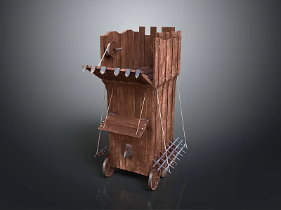 Ancient Wooden Functional Cart With Shelves Wheels And Projectile Mechanism Structure 3d model