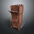 Ancient Wooden Functional Cart With Shelves Wheels And Projectile Mechanism Structure