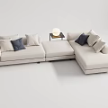 Beige Sectional Sofa With Multiple Decorative Pillows And Side Table Lamp 3d model