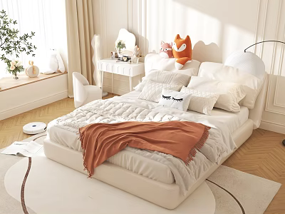 Soft Cozy Children's Bed With White Quilt Orange Blanket And Stuffed Animal In Sunny Room 3d model