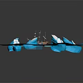 3D Rendered Cartoon Scene With Yellow Brown Sailboat Blue Icebergs And Blue Dock