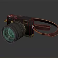 Professional Digital Camera With Black Body Brown Leather Strap And Large Lens