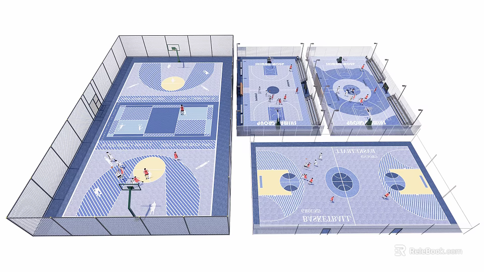 Indoor Basketball Court Design With Multiple Courts Layout Fencing And People Playing 3d model 