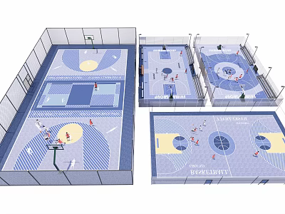 Indoor Basketball Court Design With Multiple Courts Layout Fencing And People Playing 3d model