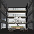 Modern Multi Level Atrium Leisure Area With White Tree And Tables Chairs 3d model