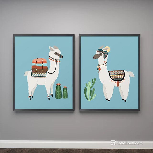 Two Framed Llama Decorative Wall Art With Cactus And Blue Background 3d model 