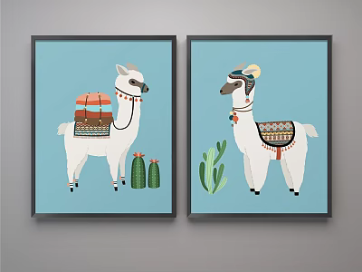 Two Framed Llama Decorative Wall Art With Cactus And Blue Background 3d model