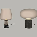 Modern Table Lamps with Light Colored Glass Shades Different Shapes Black Bases and Illuminated Bulbs