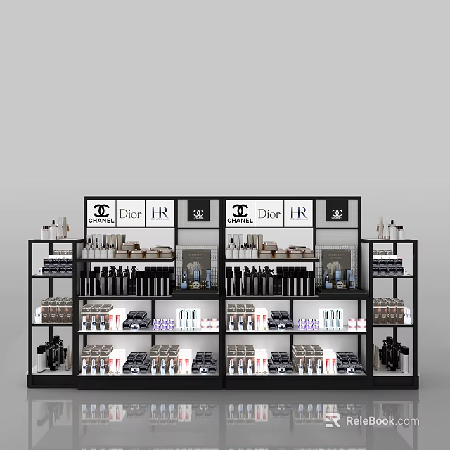 Cosmetic Retail Display Shelves Featuring Chanel Dior HR Products And Multi Tier Black Frame Design 3d model 