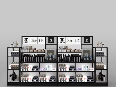 Cosmetic Retail Display Shelves Featuring Chanel Dior HR Products And Multi Tier Black Frame Design 3d model