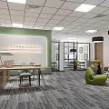 Modern Office Interior Design With Green Wall Open Workspace Wooden Desk And Colorful Chairs