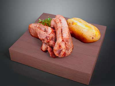 Roasted Pork Ribs and Golden Potato with Fresh Green Garnish on Wooden Board 3d model