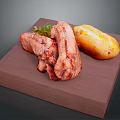 Roasted Pork Ribs and Golden Potato with Fresh Green Garnish on Wooden Board