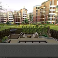 Garden Landscape With High Rise Residential Buildings Outdoor Leisure Area And Green Lawn