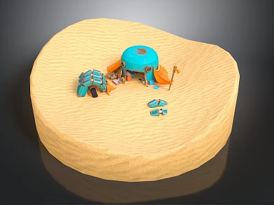 Cartoon Scene With Sandy Ground Blue Dome Tent Orange Tent Parts And Blue Toy Car 3d model