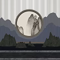 Modern Chinese Landscape Wall Featuring Circular Decor Mountain Painting Striped Design And Lighting