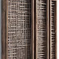 Wooden Grid Room Divider With Three Panels Gray Wall Background And Wooden Base