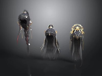 Elegant Black Long Hair Accessories With Golden Decorations Tassels And Three Angles 3d model