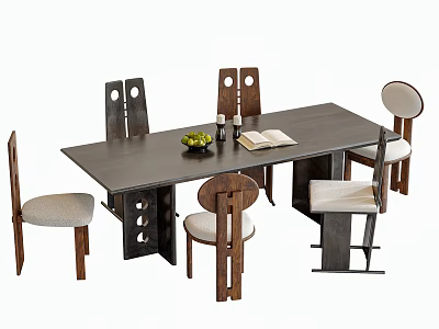 Modern Dark Dining Table And Chairs Set With Fruit Bowl Open Book And Light Seats 3d model
