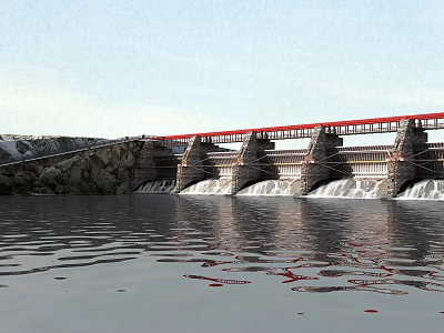 Garden Landscape With Dam Structure And Calm Water Surface Reflection 3d model